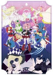 6+boys 6+girls amulet_clover amulet_dia amulet_heart amulet_spade arm_up black_jacket blonde_hair blue_capelet blue_shorts brown_hair capelet closed_eyes commentary crown dress egg fujisaki_nagihiko full_body green_dress guardian_chara hashtag-only_commentary hat highres hinamori_amu holding holding_brush holding_instrument holding_microphone holding_pom_poms holding_violin hoshina_utau hotori_tadase humpty_lock_(shugo_chara!) instrument jacket leg_warmers long_hair looking_at_viewer magical_girl mashiro_rima microphone miki_(shugo_chara!) multiple_boys multiple_girls music one_eye_closed pom_pom_(cheerleading) pom_poms ponytail puffy_short_sleeves puffy_sleeves ran_(shugo_chara!) red_capelet red_leg_warmers red_skirt sanjou_kairi school_uniform seraphic_charm short_sleeves shorts shugo_chara! sidelocks singing skirt smile souma_kuukai sunglasses suu_(shugo_chara!) symbol-only_commentary thighhighs tsukiyomi_ikuto twitter_username violin white_thighhighs yellow_eyes yuiki_yaya yuzikoz_mega