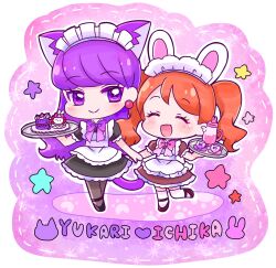 Rule 34 | 2girls, ^ ^, alternate costume, animal-themed food, animal ear fluff, animal ears, apron, bare arms, black dress, black shoes, border, bow, bowtie, brown hair, cat, cat ears, cat girl, cat tail, character name, chibi, closed eyes, closed mouth, cup, dotted line, dress, earrings, enmaided, extra ears, eyelashes, food, frilled apron, frilled dress, frilled sleeves, frills, gradient background, grey pantyhose, heads together, highres, holding, holding tray, jewelry, kemonomimi mode, kirakira precure a la mode, kotozume yukari, leg up, light blush, long hair, looking at another, macaron, maid, maid headdress, mary janes, momo02634, multiple girls, open mouth, outline, pantyhose, paw print, pink background, pink bow, pink bowtie, precure, puffy short sleeves, puffy sleeves, purple background, purple bow, purple bowtie, purple eyes, purple hair, rabbit, rabbit ears, rabbit girl, rabbit tail, saucer, shoes, short dress, short sleeves, smile, sphere earrings, star (symbol), swept bangs, tail, teacup, teapot, thighhighs, tray, twintails, usami ichika, very long hair, wavy hair, white apron, white border, white outline, white thighhighs, yuri, zettai ryouiki