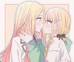2girls blonde_hair blush border closed_mouth collared_shirt eye_contact from_side fujita_kotone gakuen_idolmaster grey_shirt highres hood hoodie idolmaster jacket juo_sena kousaka_0v0 long_sleeves looking_at_another multicolored_hair multiple_girls outline parted_lips pink_hair profile purple_eyes school_uniform shirt simple_background streaked_hair sweatdrop upper_body white_border white_hoodie white_jacket white_outline yellow_background yuri