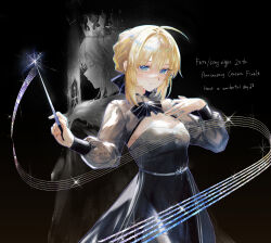 1girl ahoge anniversary artist_self-reference artoria_pendragon_(fate) back-to-back black_background black_dress blonde_hair blue_eyes bow bowtie breasts cleavage closed_mouth commentary_request crown dress excalibur_(fate/stay_night) fate/stay_night fate_(series) highres holding_baton horizontal-striped_bow musical_staff nigiri official_alternate_costume saber_(fate) see-through_shrug sidelocks small_breasts spirit strapless strapless_dress watermark
