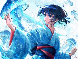 1girl black_hair blue_kimono highres japanese_clothes jellyfish kimono kura_matsuko long_sleeves looking_to_the_side obi original sash short_hair solo upper_body wide_sleeves yukata