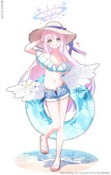1girl absurdres alternate_costume bikini blue_archive blue_innertube blue_shorts commentary_request denim denim_shorts feathered_wings flip-flops frilled_bikini frills full_body grin halo hand_in_own_hair hand_up hat highres holding holding_swim_ring innertube long_hair looking_at_viewer low_wings mika_(blue_archive) murasame_(sword_of_nmkr) navel partial_commentary pink_hair pink_halo sandals short_shorts shorts smile solo standing standing_on_one_leg stomach sun_hat swim_ring swimsuit toenails very_long_hair white_background white_bikini white_wings wings yellow_eyes