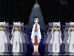 artist_name black_eyes black_hair blue_eyes clone closed_mouth dark_room fish_hair_ornament fish_hairpin full_body glasses hair_ornament hairpin hat helmet heterochromia horned_hat lab_coat lamp legs long_hair long_sleeves looking_at_viewer looking_to_the_side low_twintails mirukutonic necktie red_necktie red_skirt robe shimeji_simulation shoes skirt the_gardener_(shimeji_simulation) tsukishima_mina tsukishima_shijima&#039;s_sister twintails white_hair white_hat white_robe yellow_eyes