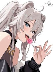 ahoge animal_ears bare_shoulders blush candy commentary_request earrings fangs fingernails food fur-trimmed_jacket fur_trim grey_eyes grey_hair highres hololive jacket jewelry licking lion_ears lion_girl lollipop long_fingernails looking_at_viewer open_mouth portrait shishiro_botan shishiro_botan_(1st_costume) sidelocks simple_background sketch sugar_cyube teeth tongue tongue_out twintails virtual_youtuber white_background
