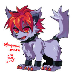 animal_focus animalization artist_name claws closed_mouth collar commentary_request cool_the_cerberus cuffs demon_(megami_tensei) dog fang fang_out fangs highres kagerou_maru looking_at_viewer no_humans open_mouth red_claws red_eyes red_hair scar scar_across_eye scar_on_face shin_megami_tensei shin_megami_tensei_devil_children signature spiked_collar spikes white_background