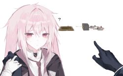 1boy 1other ? animal_ears ansel_(arknights) arknights black_necktie blurry blurry_background booby_trap closed_mouth collared_shirt floppy_ears hair_between_eyes hand_up highres im_1diot light_blush lop_rabbit_ears necktie pink_eyes pink_hair pink_necktie rabbit_boy rabbit_ears shirt simple_background solo_focus sweat upper_body white_background white_shirt
