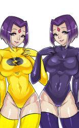 2girls alternate_costume animification bob_cut bodysuit breasts collarbone colored_skin covered_navel cowboy_shot dc_comics dual_persona emblem facial_mark forehead_jewel forehead_mark gloves grey_skin grin groin hand_on_own_chest highleg highleg_leotard lady_legasus large_breasts leotard lightning_bolt_symbol lips locked_arms looking_at_viewer multiple_girls parted_bangs purple_eyes purple_hair purple_legwear raven_(dc) short_hair simple_background skin_tight smile superhero_costume symmetry taut_clothes teen_titans thighhighs thighs turtleneck white_background yellow_legwear zxc
