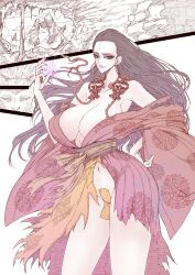 Rule 34 | 1girl, black myth: wukong, blue eyeliner, blue lips, bottomless, breasts, chinese clothes, cleavage, covering crotch, covering privates, eyelashes, eyeliner, highres, jun wu mo, kang-jin star (black myth: wukong), large breasts, legs, long hair, looking at viewer, makeup, navel, no panties, pale skin, thick thighs, thighs, very long hair