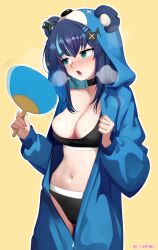 1girl absurdres animal_hood aqua_eyes bear_hood black_bra black_choker black_hair black_panties blue_hair blush bra breasts breath chenki_(chenki) choker fortissimo fujikura_uruka hair_ornament hand_fan highres holding holding_fan hood multicolored_hair musical_note musical_note_hair_ornament navel onesie outline panties phase_connect solo stomach streaked_hair sweat twitter_username underwear unzipped virtual_youtuber white_outline yellow_background