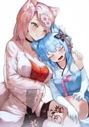 2girls absurdres animal_ears blue_hair faded_brush folded_ponytail fox_ears fox_girl fox_tail hanbok highres kitsune_ga_boku_wo_matteiru kitsune_ga_boku_wo_matteiru_hana korean_clothes long_hair multiple_girls pink_hair pink_tail siblings side_ponytail sisters tail yeonhwa_(kitsune_ga_boku_wo_matteiru) yuhwa_(kitsune_ga_boku_wo_matteiru)