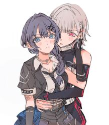 2girls bare_shoulders black_jacket black_pants black_skirt blue_eyes blue_hair blush braid breasts cleavage closed_mouth collared_shirt commentary cowboy_shot deepness_(love_live!) dollchestra frown grey_hair hair_intakes hair_ornament highres hug hug_from_behind i_do_me!_(love_live!) jacket junjun_(kimi-la) link!_like!_love_live! long_hair looking_at_viewer love_live! medium_breasts multicolored_hair multiple_girls murano_sayaka official_alternate_costume open_clothes open_jacket pants red_hair shirt short-sleeved_jacket short_hair short_sleeves simple_background single_braid skirt split_mouth streaked_hair sweatdrop virtual_youtuber white_background white_shirt x_hair_ornament yugiri_tsuzuri