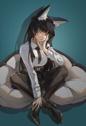 1girl absurdres animal_ears belt black_belt black_footwear black_hair black_necktie black_pants blunt_bangs closed_mouth dress_shirt expressionless fox_ears fox_girl full_body green_background hand_on_own_cheek hand_on_own_face highres hoshimi_miyabi long_hair looking_at_viewer necktie pants red_eyes revo1917 shadow shirt sidelocks simple_background sitting solo white_shirt zenless_zone_zero
