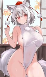 1girl :o animal_ear_fluff animal_ears breasts check_clothing clothing_request commentary_request cowboy_shot crossed_bangs double-parted_bangs hair_between_eyes hands_up hat highres indoors inubashiri_momiji large_breasts leaf leotard light_blush maple_leaf navel open_mouth open_window pom_pom_(clothes) pubic_hair raised_inner_eyebrows red_eyes red_hat see-through_clothes see-through_shirt setokashira88 shirt short_hair sideboob sideless_shirt sky solo tail thighs tokin_hat touhou tree white_hair white_shirt white_sky window wolf_ears wolf_girl wolf_tail