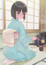 1girl absurdres alternate_costume black_hair blue_kimono blunt_bangs blunt_ends blush bob_cut bowl brown_sash c: chasen closed_mouth commentary_request floral_print floral_print_kimono full_body green_eyes hair_intakes highres indoors japanese_clothes kimono kobassy ladle link!_like!_love_live! looking_at_viewer looking_back love_live! momose_ginko obi obijime print_kimono sash seiza short_hair sitting smile socks solo steam tea_ceremony virtual_youtuber white_socks
