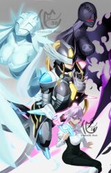 Rule 34 | 4girls, angel, angel and devil, angewomon, armor, artist logo, asymmetrical armor, asymmetrical hair, bakeneko38, black bodysuit, blonde hair, bodysuit, bow, bowtie, braid, breasts, cleavage, covered eyes, demon girl, digimon, digimon story: cyber sleuth, fang, glasses, glowing, head wings, helmet, high ponytail, ladydevimon, large breasts, logo, long hair, mastemon, mikagura mirei, multiple girls, ponytail, purple bow, purple bowtie, purple eyes, purple hair, red eyes, shirt, short hair, single braid, sitting, smile, watermark, white shirt, wings