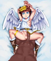 Rule 34 | 2boys, absurdres, angel, angel wings, bottomless, dark-skinned male, dark skin, highres, interracial, kid icarus, large penis, minuspal, multiple boys, nintendo, nude, penis, pit (kid icarus), wings, yaoi