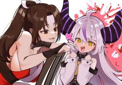 2girls @_@ arm_guards ascot black_horns blush braid braided_bangs breasts brown_eyes collar demon_girl demon_horns fatal_fury hayaneruti high_ponytail highres hololive horns huge_horns la+_darknesss long_hair metal_collar multicolored_hair multiple_girls ninja open_mouth pointy_ears ponytail purple_hair purple_horns revealing_clothes rope shiranui_mai sideboob sitting sitting_backwards sleeves_past_fingers sleeves_past_wrists snk streaked_hair striped_horns teeth the_king_of_fighters upper_teeth_only virtual_youtuber wrist_guards yellow_ascot yuri