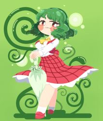 1girl :3 ascot breasts bright_pupils commentary_request contrapposto full_body green_background green_hair green_umbrella highres kazami_yuuka looking_at_viewer plaid_clothes plaid_skirt plaid_vest plant red_eyes red_shoes red_skirt red_vest shinsei_tomato shirt shoes short_hair simple_background skirt socks solo standing touhou umbrella vest white_pupils white_shirt white_socks yellow_ascot