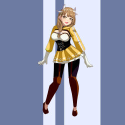 Rule 34 | 1girl, black corset, braid, braided ponytail, breasts, brown hair, cleavage, corset, dabuman, fire emblem, fire emblem engage, gloves, goldmary (fire emblem), hair ribbon, hooded top, large breasts, long hair, looking at viewer, low ponytail, nintendo, ponytail, ribbon, skirt, smile, solo, two-tone background, white gloves, white ribbon, yellow eyes, yellow skirt