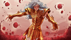 Rule 34 | 1boy, ameliecausse, armor, blue hair, blush, cowboy shot, florakinesis, flower, gold armor, gold cloth, gold saint, hands up, highres, long hair, looking at viewer, male focus, mole, mole under eye, pauldrons, petals, pisces aphrodite, pursed lips, red flower, red petals, red rose, rose, rose petals, saint seiya, shoulder armor, solo, trap, v-shaped eyebrows