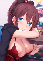 1girl black_jacket blush breasts cai_geng christmas_tree cleavage closed_mouth flower hair_flower hair_ornament idolmaster idolmaster_million_live! jacket jacket_on_shoulders large_breasts lingerie long_hair looking_at_viewer negligee nipple_slip nipples ponytail red_flower red_rose rose satake_minako smile solo underwear upper_body x-ray