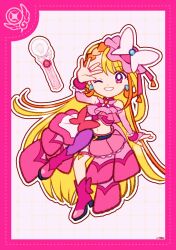 Rule 34 | 1girl, absurdly long hair, asymmetrical skirt, bare shoulders, belt, belt buckle, black belt, blonde hair, boots, border, bow, bow skirt, braid, bridal gauntlets, brooch, buckle, collared shirt, crown braid, cure butterfly, deformed, dot nose, dotted line, earrings, eyelashes, footwear bow, frilled headwear, frilled shirt, frilled skirt, frilled wrist cuffs, frills, full body, gold buckle, grey background, grid background, grin, hair ribbon, hair rings, happy, hat, hat bow, high collar, high heel boots, high heels, highres, hijiri ageha, hirogaru sky! precure, jewelry, knee up, lace, lace-trimmed skirt, lace trim, long hair, long skirt, looking at viewer, magical girl, microphone, midriff, mini hat, multicolored hair, navel, one eye closed, outline, pantyhose, pink belt, pink boots, pink border, pink bow, pink bridal gauntlets, pink eyes, pink hat, pink shirt, pink skirt, pink wrist cuffs, precure, purple pantyhose, red bow, ribbon, shirt, signature, single bare leg, single leg pantyhose, skirt, sky mirage, sleeveless, sleeveless shirt, smile, solo, standing, streaked hair, tareme, thigh belt, thigh strap, triangle, triangle earrings, uwded 207, very long hair, white outline, wrist cuffs