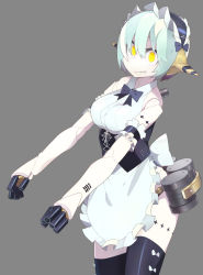 1girl android apron arm_garter back_bow black_bow black_corset black_thighhighs bow bowtie breasts collared_shirt commentary_request corset cowboy_shot finger_cannon frilled_apron frills grey_background grin hair_between_eyes joints kometsubu light_green_hair looking_at_viewer maid_headdress medium_breasts original parted_lips ringed_eyes robot_ears robot_joints shirt short_hair simple_background sleeveless sleeveless_shirt smile solo standing teeth bow_legwear thighhighs underbust white_apron white_bow white_string wing_collar yellow_eyes