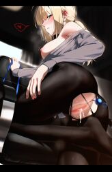 Rule 34 | 1girl, anal, anal beads, anal object insertion, artoria pendragon (fate), bare shoulders, black pantyhose, blonde hair, blush, breasts, commentary request, fate/stay night, fate (series), feet on chair, from behind, green eyes, grey shirt, heart, looking at viewer, medium breasts, nipples, object insertion, pantyhose, saber (fate), sex toy, shirt, tamamoice, torn clothes, torn pantyhose