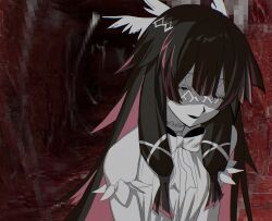 1girl black_hair blunt_bangs blunt_sidelocks bow bowtie choker closed_eyes columbina_(genshin_impact) double-parted_bangs dress eye_mask feather_hair_ornament feathered_wings feathers flesh gadblo_(hateful) genshin_impact hair_between_eyes hair_ornament hair_ribbon head_wings highres lace lace-trimmed_choker lace_trim long_sidelocks multicolored_hair pink_hair ribbon saya_no_uta short_sleeves sidelocks slime_(substance) solo streaked_hair white_bow white_bowtie white_choker white_dress white_mask white_ribbon white_sleeves wing_hair_ornament wings x-shaped_eyewear