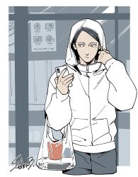 1boy bag closed_mouth commentary_request cowboy_shot cropped_legs hands_up holding holding_bag holding_phone hood hood_up hooded_jacket ichigo_beeru jacket korean_commentary long_sleeves male_focus pants phone plastic_bag short_hair signature solo standing toshi_densetsu_kaitai_center yamada_gasmask