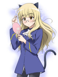 1girl animal_ears black_pantyhose blonde_hair blush cat_ears cat_tail electricity female_focus glasses long_hair messy_hair military military_uniform mirror panties panties_under_pantyhose pantyhose perrine_h._clostermann solo strike_witches tail underwear world_witches_series yellow_eyes youkan