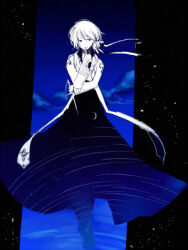 Rule 34 | 1boy, arch bishop (ragnarok online), blue theme, closed mouth, cloud, coat, commentary request, cropped jacket, full body, long sleeves, looking at viewer, lowres, male focus, monochrome, ragnarok online, ripples, short hair, smile, solo, standing, wane (ruki)
