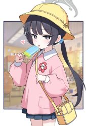 1girl absurdres bag black_hair blue_archive blue_skirt blush breasts food full_body grey_eyes hair_bobbles hair_ornament halo hat heart highres kisaki_(blue_archive) kisaki_(kindergarten_uniform)_(blue_archive) long_hair long_sleeves looking_at_viewer pink_shirt popsicle shirt shoulder_bag skirt small_breasts smile solo tongue tongue_out twintails yellow_hat zing_(z_z_zing)
