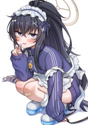 1girl alternate_costume apron bandaid bandaid_on_knee bandaid_on_leg bent_v black_hair blue_archive blush commentary_request crossed_bangs doraje enmaided fingernails frilled_apron frilled_hairband frills full_body hairband halo highres jacket jersey_maid long_hair long_sleeves looking_at_viewer maid nail_polish ponytail purple_jacket shoes sneakers solo squatting sweatdrop track_jacket ui_(blue_archive) unconventional_maid v very_long_hair white_apron white_shoes