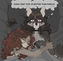 2girls animal_ear_piercing animal_ears black_hair commentary dog_girl english_text furry furry_female furry_with_furry highres implied_after_sex looking_at_viewer lying lying_on_person multiple_girls on_back original raccoattack red_hair sleeping sleeping_on_person speech_bubble sweatdrop symbol-only_commentary tail thought_bubble under_covers wolf_girl wolf_tail yuri