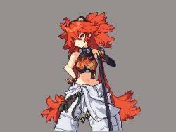 1girl ahoge baggy_pants bare_shoulders bear_ear_hairband belt black_sports_bra breasts collar cowboy_shot crop_top eyepatch flame_print hammer holding holding_hammer koleda_belobog lavlav0 long_hair metal_collar navel pants pixel_art red_eyes red_hair sidelocks small_breasts solo sports_bra twintails white_pants zenless_zone_zero