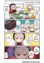 !? 3girls 4koma absurdres ahoge anis_(nikke) annoyed beret bored brown_eyes brown_hair chibi comic couch english_text frown glasses goddess_of_victory:_nikke green_eyes hair_ornament hat highres long_hair multiple_girls neon_(nikke) official_art open_mouth paper rapi_(nikke) red_eyes smile smirk staring surprised totatokeke
