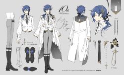 1boy black_bow black_necktie black_shoes blue_eyes blue_hair boots bow character_name coat commentary_request full_body grey_background grey_pants hair_bow kaito_(vocaloid) knee_boots long_hair long_sleeves male_focus miku_symphony_(vocaloid) necktie pants reference_sheet rella shirt shoes simple_background standing translation_request vocaloid white_coat white_shirt