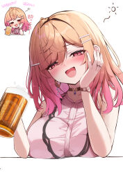 1girl absurdres ahoge akuame_(ring3922) alcohol beer beer_mug blush breasts chibi choker cup drink drunk earrings elbow_on_table hair_ornament hairclip highres holding holding_drink hololive hololive_dev_is ichijou_ririka jewelry large_breasts mug nail_polish necklace orange_hair red_eyes ring simple_background watch white_background wristwatch