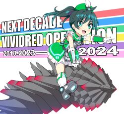 1girl 2013 2023 2024 absurdres ahoge black_hair copyright_name dress full_body garrison_cap gauntlets gloves green_dress green_eyes hat hat_feather highres long_hair nonbe palette_suit pointing ponytail riding saegusa_wakaba shorts_under_dress smile tail vividred_operation white_background white_footwear white_gloves