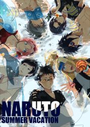1girl 6+boys black_hair blonde_hair blue_eyes copyright_name deidara_(naruto) glasses grey_hair haruno_sakura hatake_kakashi multiple_boys naruto_(series) naruto_shippuuden pink_hair sai smile tobi_references uchiha_itachi uchiha_obito uchiha_sasuke water