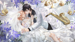 1boy 1girl ankle_socks bare_shoulders black_eyes black_hair black_pants black_shirt blazer bridal_veil bride brooch candle carpet character_request closed_eyes closed_mouth collar collarbone collared_jacket collared_shirt couple detached_collar dress dress_pants feathers feet_out_of_frame fire flower flower_brooch flower_ring gown groom hair_between_eyes hair_flower hair_ornament hand_on_another&#039;s_cheek hand_on_another&#039;s_face happy hetero high_collar highres hug husband_and_wife indoors instrument jacket jewelry juedui_yanyi lace lace-trimmed_dress lace_collar lace_trim lapels layered_sleeves light_particles lily_(flower) lipstick long_dress loose_hair_strand lying makeup medium_hair multiple_rings necklace notched_lapels off-shoulder_dress off_shoulder on_back on_side orange_hair pants pink_lips pleated_dress pointy_nose purple_flower ring saxophone shirt smile socks thick_eyebrows tuxedo veil wedding_dress wedding_ring white_collar white_dress white_fire white_flower white_jacket white_socks white_veil ye_dian_pikaqiu