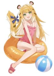 1girl :3 absurdres animal_ear_fluff animal_ears ball bare_legs bare_shoulders beachball blonde_hair blush bow breasts colored_inner_hair fang feet frilled_one-piece_swimsuit frills green_eyes hand_on_own_leg highres innertube ju_fufu loli long_hair looking_at_viewer multicolored_hair one-piece_swimsuit open_mouth pink_one-piece_swimsuit pink_sandals ribbon sandals simple_background small_breasts swim_ring swimsuit tail tail_bow tail_ornament tail_ribbon thighs tiger_ears tiger_girl tiger_tail toes very_long_hair weimiaw white_background yellow_innertube zenless_zone_zero