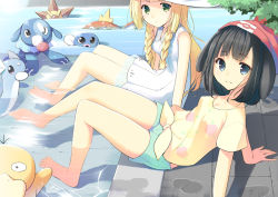 2girls arm_support bad_id bad_pixiv_id barefoot black_hair blonde_hair blunt_bangs braid creatures_(company) dratini dress feet game_freak gen_1_pokemon gen_7_pokemon green_eyes hat leaning_back lillie_(pokemon) long_hair looking_at_viewer magikarp multiple_girls murano101 nintendo pokemon pokemon_(creature) pokemon_sm poliwag popplio psyduck selene_(pokemon) shirt short_hair shorts sitting sleeveless sleeveless_dress soaking_feet staryu sun_hat tied_shirt twin_braids water white_dress white_hat