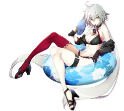 10mo 1girl ahoge belt bikini black_belt black_bikini black_gloves breasts bubble_tea_challenge drinking fate/grand_order fate_(series) female_focus food gloves grey_hair hand_fan high_heels highres holding holding_fan innertube jeanne_d&#039;arc_(fate) jeanne_d&#039;arc_alter_(fate) jeanne_d&#039;arc_alter_(swimsuit_berserker)_(fate) leg_belt long_hair long_sleeves looking_at_viewer medium_breasts navel o-ring o-ring_bikini o-ring_bottom o-ring_top popsicle red_thighhighs simple_background single_thighhigh sitting solo swim_ring swimsuit thighhighs very_long_hair white_background