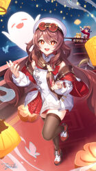 2girls boo_tao_(genshin_impact) brown_hair brown_thighhighs chinese_clothes dress eyewear_on_head flower-shaped_pupils fur_trim genshin_impact ghost guoba_(genshin_impact) hat highres hu_tao_(cherries_snow-laden)_(genshin_impact) hu_tao_(genshin_impact) jacket long_hair long_sleeves looking_at_viewer multiple_girls official_alternate_costume red-tinted_eyewear red_jacket red_panda short_dress smile symbol-shaped_pupils thighhighs tinted_eyewear twintails tyenka7728 white_hat xiangling_(genshin_impact) xiangling_(new_year&#039;s_cheer)_(genshin_impact) yellow_eyes
