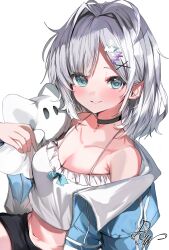 1girl absurdres aqua_eyes bare_shoulders black_choker black_shorts blue_jacket breasts camisole choker cleavage collarbone dow_suitable hair_ornament hairpin highres jacket kaga_sumire kaga_sumire_(6th_costume) looking_at_viewer lupinus_virtual_games medium_hair midriff mole mole_under_eye multiple_hairpins off_shoulder parted_bangs pendant_choker shorts simple_background smile solo spaghetti_strap stuffed_toy track_jacket virtual_youtuber vspo! white_background white_camisole white_hair