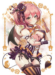 absurdres animal_print asymmetrical_gloves asymmetrical_legwear bare_shoulders black_bow black_bowtie black_gloves black_hat black_panties black_thighhighs blue_thighhighs blush bow bowtie breasts cameltoe candle cat_print character_doll cleavage closed_mouth clothing_request cowboy_shot demon_girl demon_tail demon_wings floral_print garter_belt gloves hair_bow hand_up hat highres holding idolmaster idolmaster_cinderella_girls idolmaster_cinderella_girls_starlight_stage jougasaki_mika lace_trim lamp large_breasts long_hair mini_hat mismatched_gloves mismatched_legwear multicolored_bow orange_bow orange_bowtie orange_thighhighs panties pink_hair ponytail red_bow small_hands smile solo sparkle standing striped_clothes striped_gloves striped_thighhighs sylph_kim tail thighhighs top_hat underwear vertical-striped_clothes vertical-striped_thighhighs white_background white_bow white_bowtie wings yellow_eyes