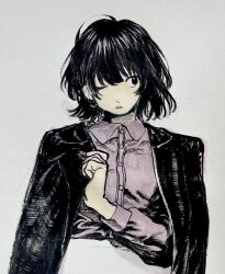 1girl adjusting_clothes black_eyes black_hair black_jacket collared_shirt cropped_torso dress_shirt hand_up highres jacket jacket_on_shoulders long_sleeves looking_at_viewer looking_to_the_side medium_request one_eye_closed original parted_lips purple_shirt shi_(shi252814799321) shirt simple_background solo traditional_media upper_body white_background