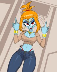 1girl bodypaint breasts cleavage denim glitch_productions jeans jewelry melancholy_hill middle_finger necklace orange_hair pants ponytail short_ponytail the_gaslight_district